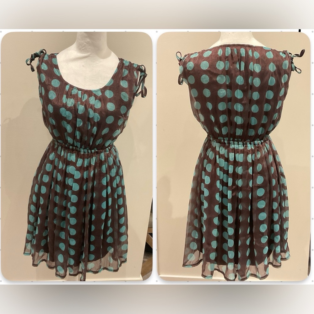 ***Katie*** Chiffon Teal  & Chocolate Polka  Dot Mini Dress